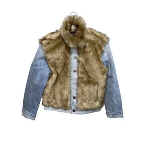 Levi's Premium Women's Oversized Faux Fur Trucker Jacket XS Blue Denim Furry Fur